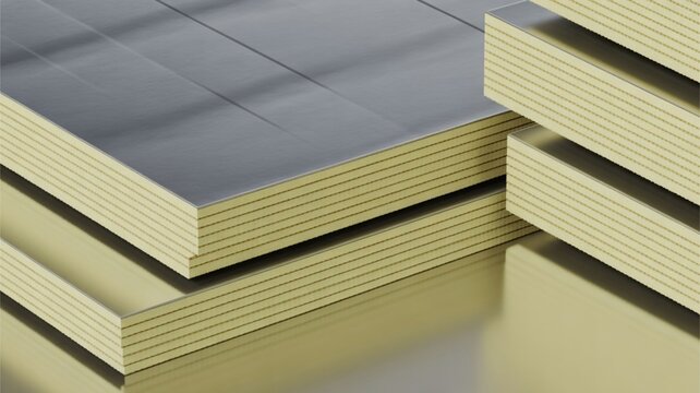 Background of isowall or sandwich panel, prefabricated insulation sheets with visible layers, featuring temperature control properties, industrial and construction