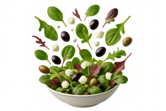 Fresh garden salad ingredients with baby spinach, arugula, mozzarella balls, and olives falling into a white bowl