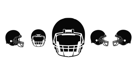 A series of black and white american football helmets shown in different views