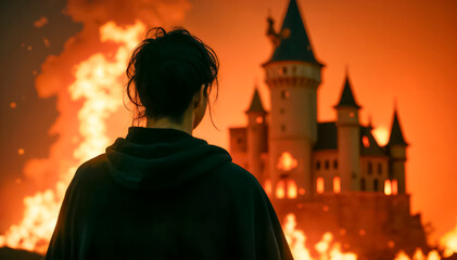 Fototapeta premium A wizard in a black robe looks at a burning castle, flames and smoke floating in the fire