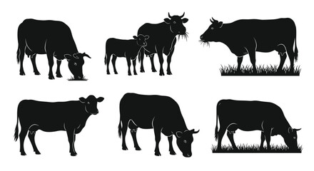 Silhouette collection of cows in various poses against a white background