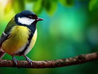 Fototapeta premium Great tit bird perched calmly on a branch in a serene forest setting