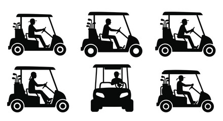 Black silhouette icons depicting people driving golf carts in various positions