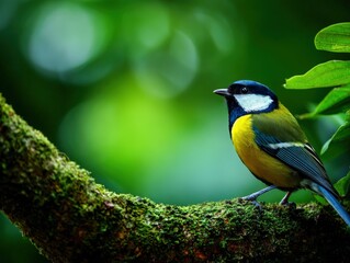 Fototapeta premium Great tit perched on mossy branch in peaceful forest setting