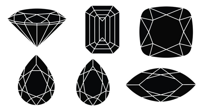 Black and white illustration of various geometric diamond cut shapes