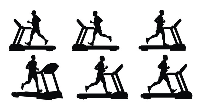 Silhouettes of people running on treadmills showcasing different phases of exercise