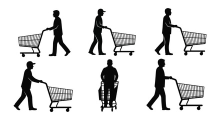 Silhouettes of people pushing shopping carts in a minimalist black and white style