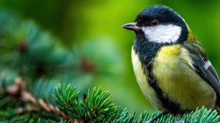 Fototapeta premium Great tit bird resting on pine branch in a peaceful forest setting