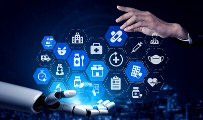 AI assisted online pharmacy icons with digital drugstore, medicine, healthcare and medical services...