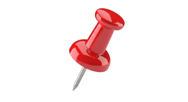 Isolated vibrant pushpin stationery office supply closeup on transparent background