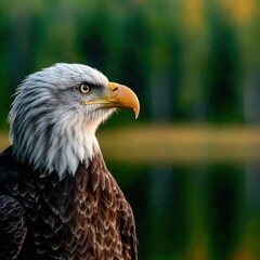 Obraz premium Majestic bald eagle perched by a serene lake at dawn in America
