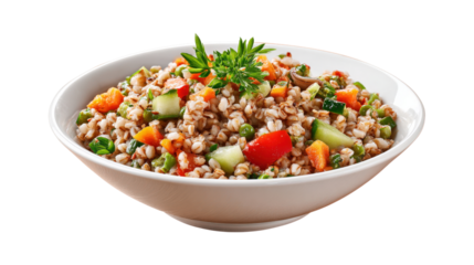 Food without meat. Buckwheat porridge with vegetables isolated on a white background