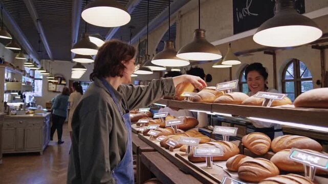 Customer reaching for loaf on bakery counter, warm lighting highlights rows of artisan breads and pastries while smiling staff member assists with selection, wooden display shelves, industrial lamps,