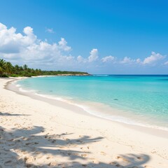 Wide panoramic view of a secluded tropical beach featuring pristine white sand, bright turquoise water, and gentle ocean waves under a vibrant summer sky, foam, beautiful, panorama