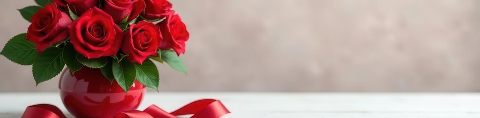Fototapeta premium Elegant red rose arrangement, classic vase, satin ribbon , wedding, object