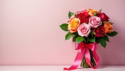 Fototapeta premium Elegant ribbon-tied rose bouquet, vibrant blooms, vivid, romance, design