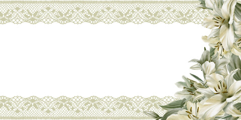 White lily flower and openwork lace ribbon as a symbol of grief and sorrow.Grace in its solitude and peace.Hand drawn watercolor square template for funeral,baptism,communion,wedding,church ceremonies