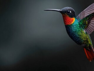 Naklejka premium Colorful hummingbird in mid-flight against a dark background