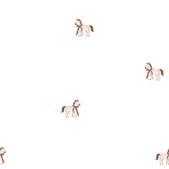 Seamless pattern with illustration horses and burgundy bow Birthday party. Repeat ornament with dark red ribbons bows and animals for Christmas or New years design. Minimalist background for textile.