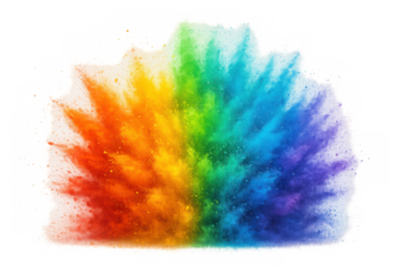 Rainbow colored powder exploding creating a vibrant cloud of dust, bright particles in motion, transparent background