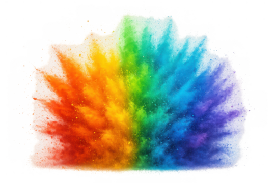 Rainbow colored powder exploding creating a vibrant cloud of dust, bright particles in motion, transparent background - Powered by Adobe