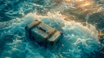 Abandoned suitcase near the ocean waves symbolizes a new journey or escape near the waterline with dramatic lighting