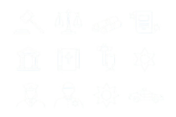 Justice system outline icons representing law enforcement, legal proceedings, and criminal justice reform for advocacy and social justice campaigns
