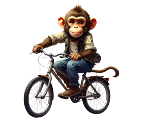 Stylized Monkey in Outfit Cycling on City Street, Creative Concept Art