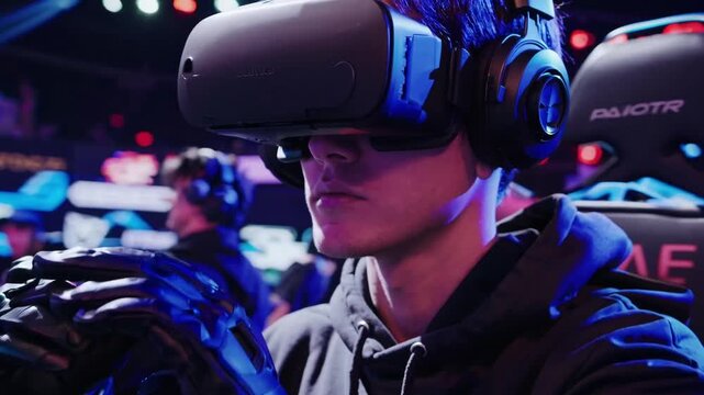 young gamer wearing vr headset immersed in neon-lit esports arena, headphones and haptic gloves, intense focus, colorful LED lights, tournament energy, close-up profile, cinematic blue-pink lighting,