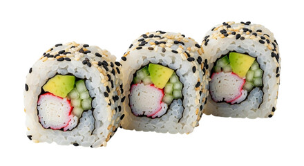 Delicious sushi rolls with crab meat avocado and cucumber topped with black and white sesame seeds isolated on white background