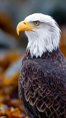 Obraz premium Bald eagle scans the ocean from a rocky shoreline at dawn