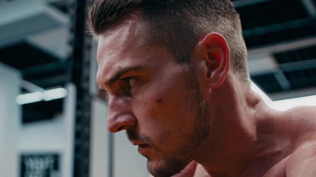 Side profile close-up gym focus intense male athlete preparing for heavy lift, jaw clenched, sweat on temples, industrial lighting, barbell rack blurred background, determined gaze, cinematic color