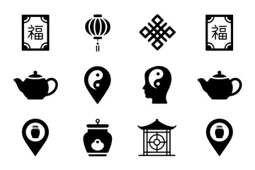 Elegant collection of traditional Chinese cultural icons for festive celebrations, symbolizing prosperity, harmony, and good fortune.