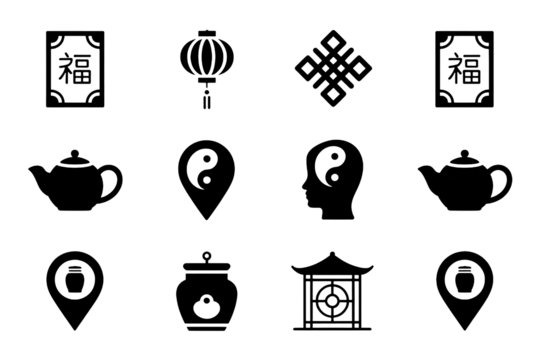 Elegant collection of traditional Chinese cultural icons for festive celebrations, symbolizing prosperity, harmony, and good fortune.