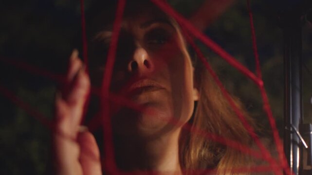 A woman looks at a weave of red threads in the dark and her face is illuminated by the flickering flame of a kerosene lamp