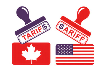 Canada and USA trade tariffs symbolized by stamped flags, representing international business and economic policy challenges.