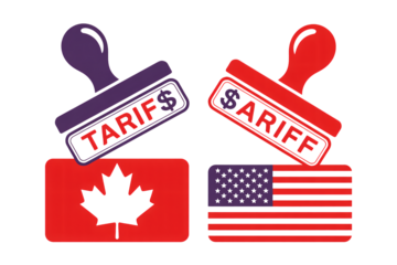 Canada and USA trade tariffs symbolized by stamped flags, representing international business and economic policy challenges.