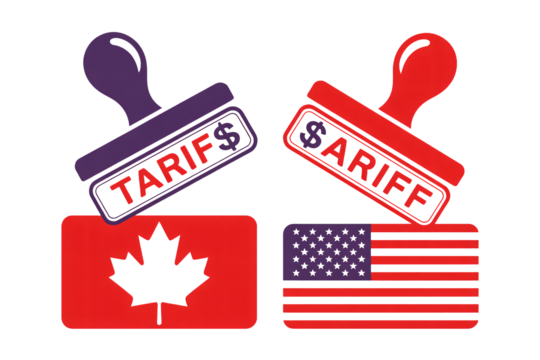 Canada and USA trade tariffs symbolized by stamped flags, representing international business and economic policy challenges.