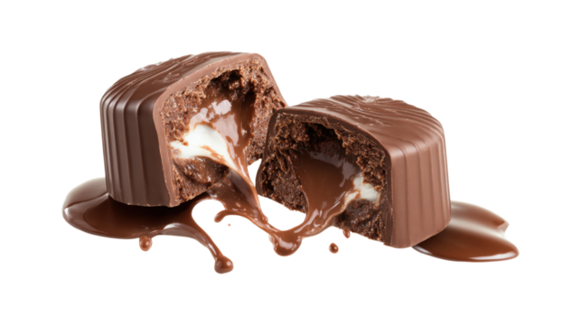 Chocolate candy split in half with chocolate and dairy flow isolated on a white background