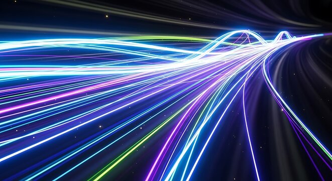 Abstract neon light trails on black background for modern technology concepts