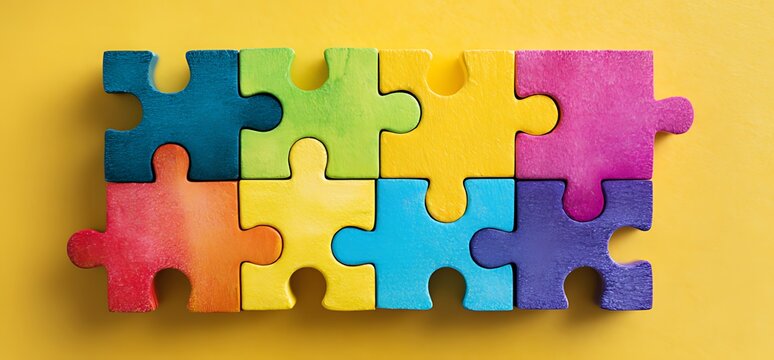Colorful puzzle pieces arranged together on a vibrant yellow background
