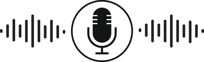 Microphone icon with sound wave symbol. Voice Recording and Audio Input Interface. Sound Control and Recording sign. Podcast Studio or Speaking Broadcast symbols