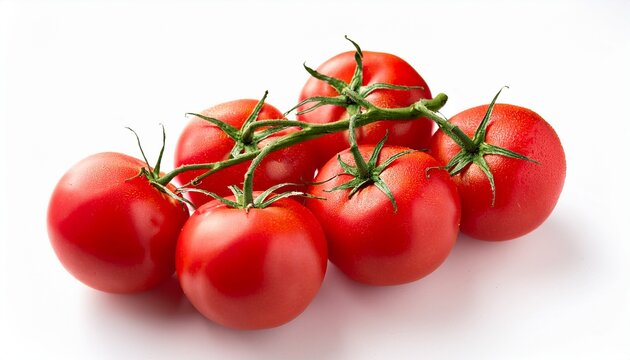 a bunch of ripe juicy red tomatoes on the vine isolated against a white background