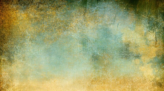 A rich, highly distressed abstract background texture resembling aged canvas or paper. The colors blend from a dominant, earthy gold at the top and bottom edges into a central area of deep teal