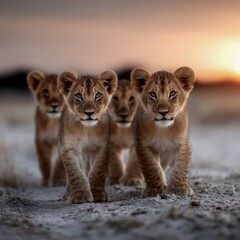 Fototapeta premium Four lion cubs walk together at sunset in the savannah landscape