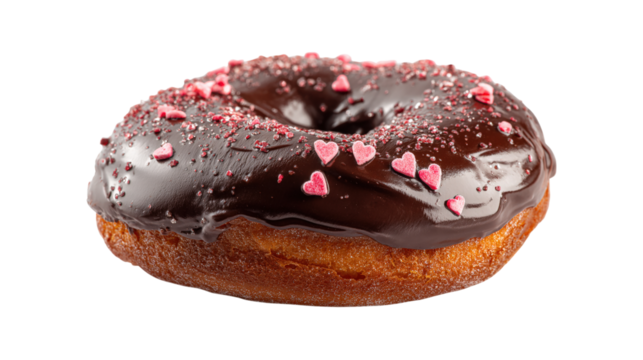 Chocolate pumpkin donut with chocolate glaze and sugar sprinkles in the form of a heart isolated on a white background