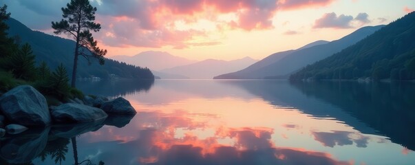 Glassy lake surface, muted colors of pre-dawn, sky, reflection, soft