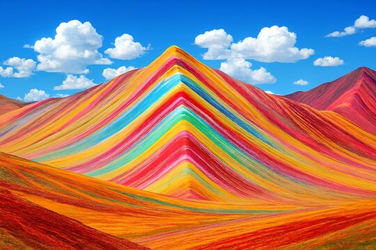 A vibrant, surreal landscape featuring mountains and rolling hills painted with bright, flowing rainbow stripes under a blue sky with white clouds