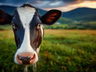 Cow stands in green pasture during sunset in countryside, peaceful landscape