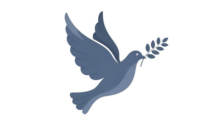 Stylized blue dove gracefully flies, holding an olive branch in its beak, symbolising serenity.